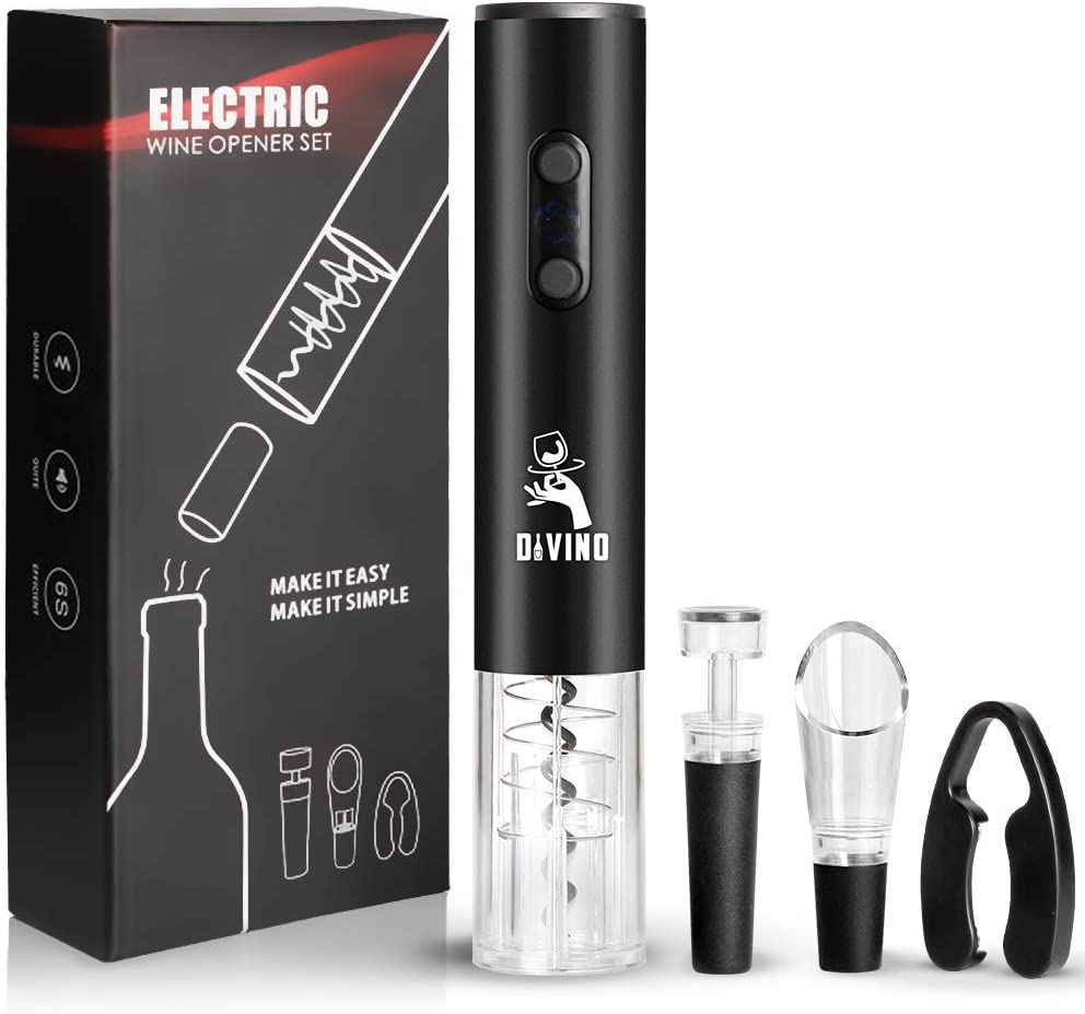 Electric Wine Opener BLACK Set β Automatic β Battery Operated with Foil Cutter, Vacuum Stopper & Aerator
