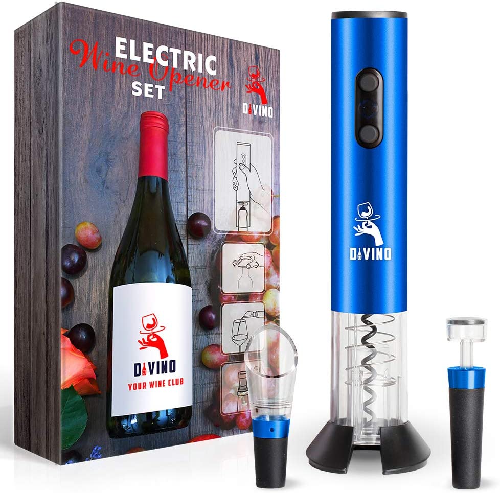 Powerful Electric Wine Opener BLUE Set β Automatic β Battery Operated with Foil Cutter, Vacuum Stopper & Aerator