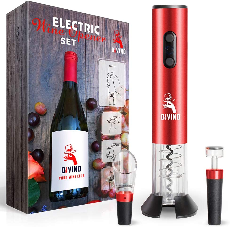Powerful Electric Wine Opener RED Set β Automatic β Battery Operated with Foil Cutter, Vacuum Stopper & Aerator