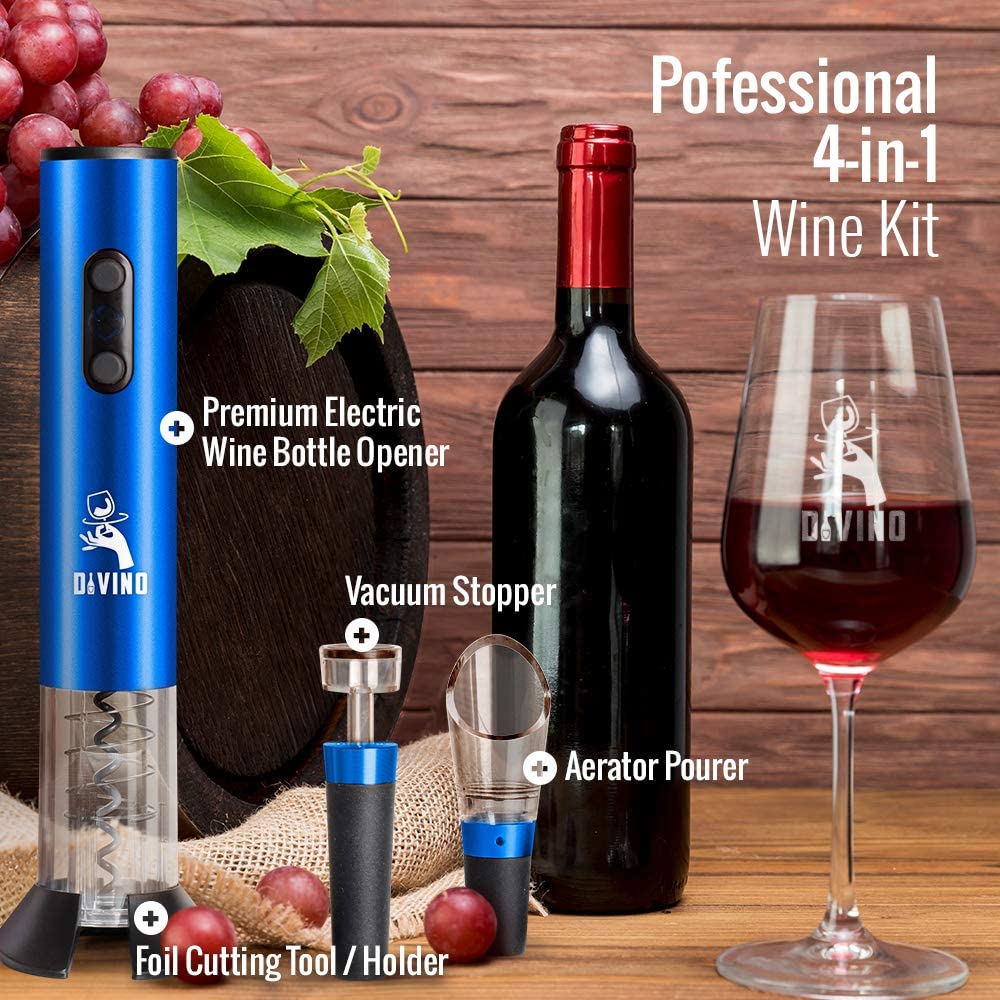 Powerful Electric Wine Opener BLUE Set β Automatic β Battery Operated with Foil Cutter, Vacuum Stopper & Aerator