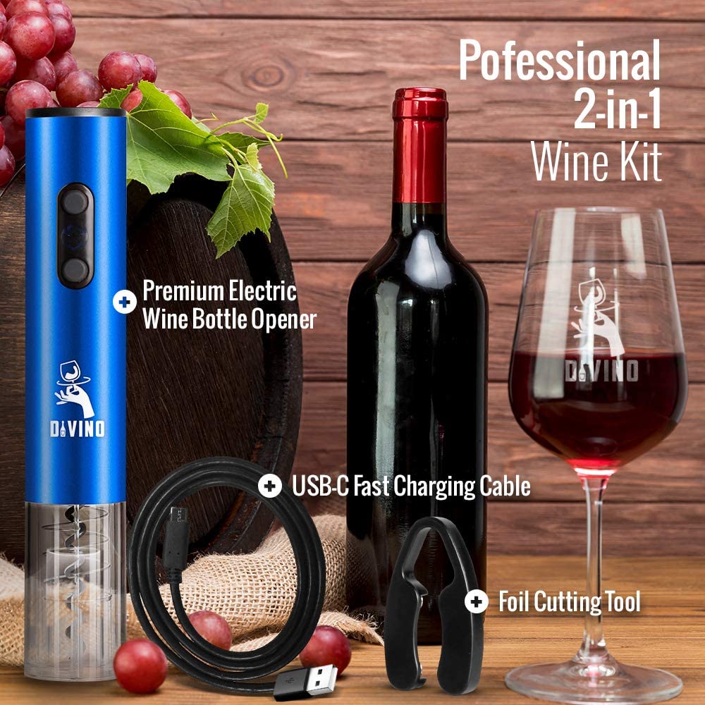 Rechargeable Electric Wine Opener BLUE Kit β Cordless Electric Wine Bottle Opener with Foil Cutter and USB-C cable