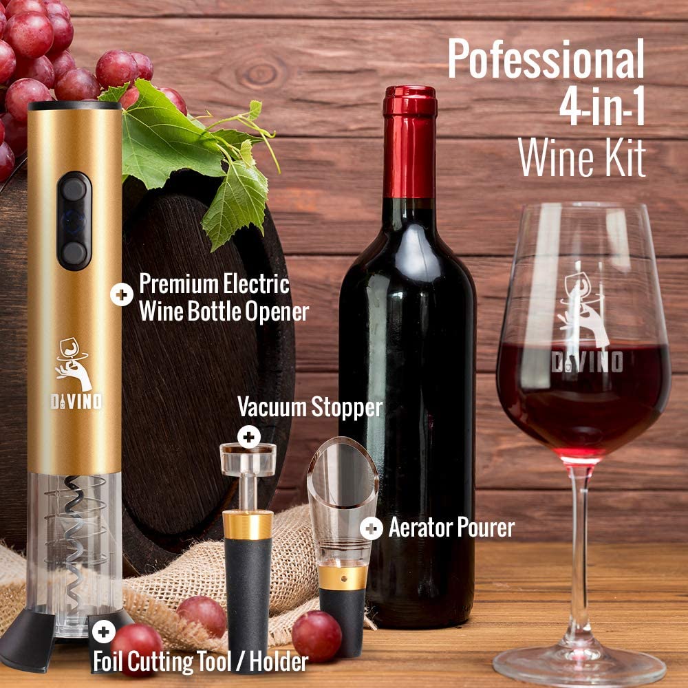Powerful Electric Wine Opener GOLD Set β Automatic β Battery Operated with Foil Cutter, Vacuum Stopper & Aerator
