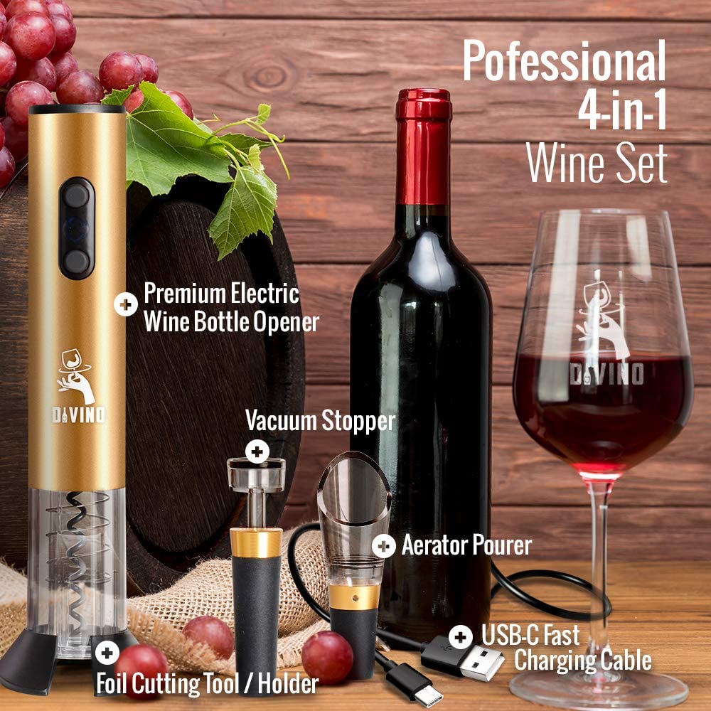 Rechargeable USB-C Electric Wine Opener GOLD Set β Automatic with Foil Cutter, Vacuum Stopper & Aerator