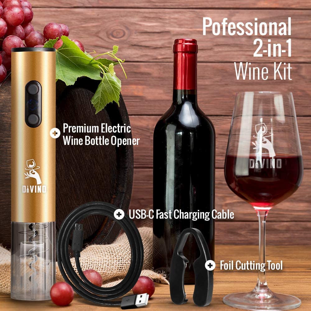 Rechargeable Electric Wine Opener GOLD Kit β Cordless Electric Wine Bottle Opener with Foil Cutter and USB-C cable