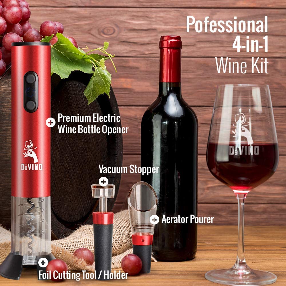 Powerful Electric Wine Opener RED Set β Automatic β Battery Operated with Foil Cutter, Vacuum Stopper & Aerator