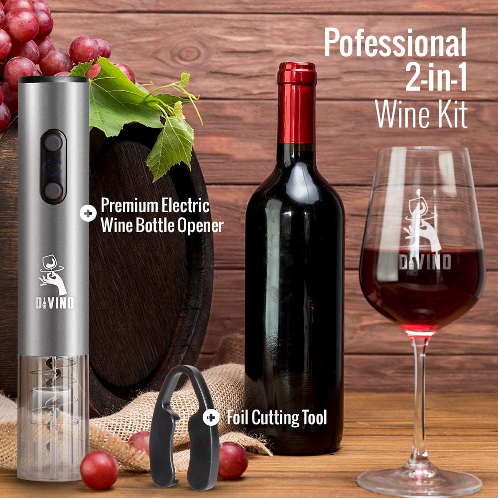 Electric Wine Opener SILVER Kit β Cordless Electric Wine Bottle Opener with Foil Cutter