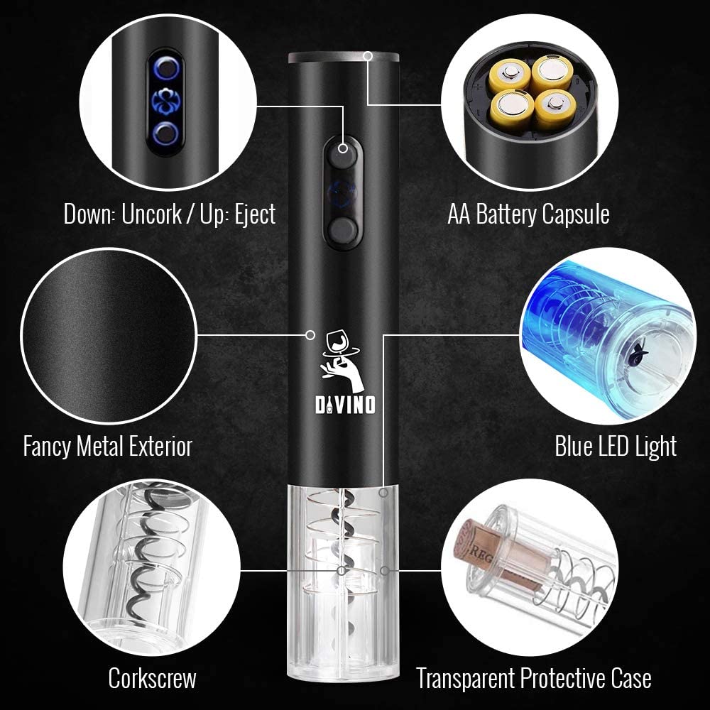 Electric Wine Opener BLACK Set β Automatic β Battery Operated with Foil Cutter, Vacuum Stopper & Aerator