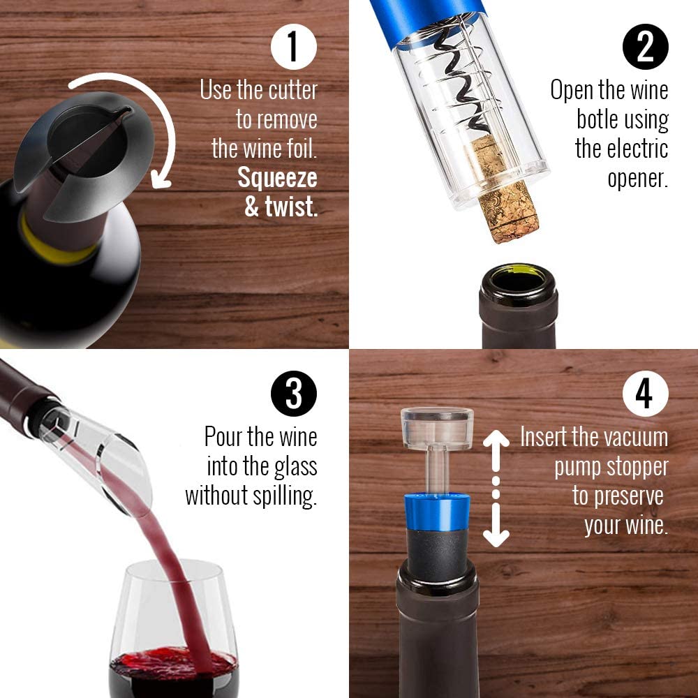 Powerful Electric Wine Opener BLUE Set β Automatic β Battery Operated with Foil Cutter, Vacuum Stopper & Aerator