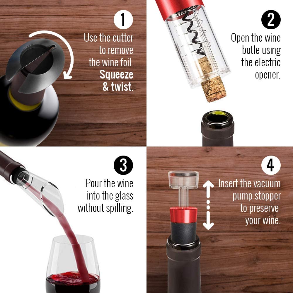 Powerful Electric Wine Opener RED Set β Automatic β Battery Operated with Foil Cutter, Vacuum Stopper & Aerator