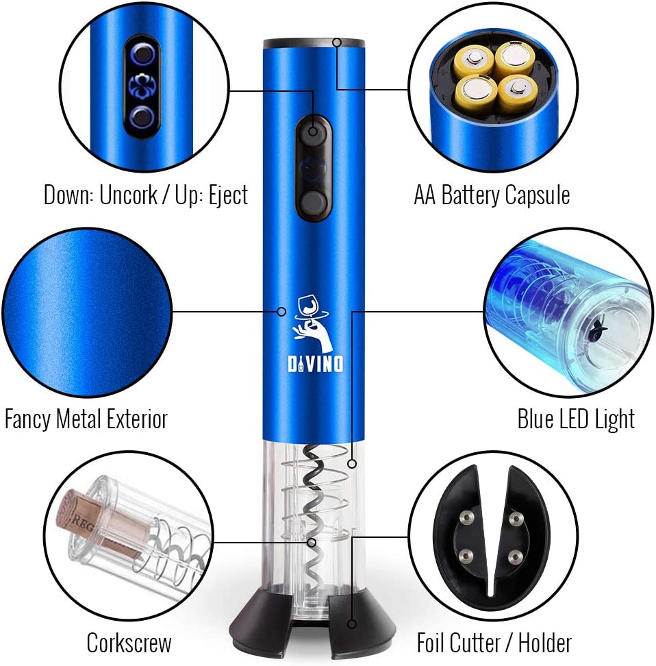 Powerful Electric Wine Opener BLUE Set β Automatic β Battery Operated with Foil Cutter, Vacuum Stopper & Aerator