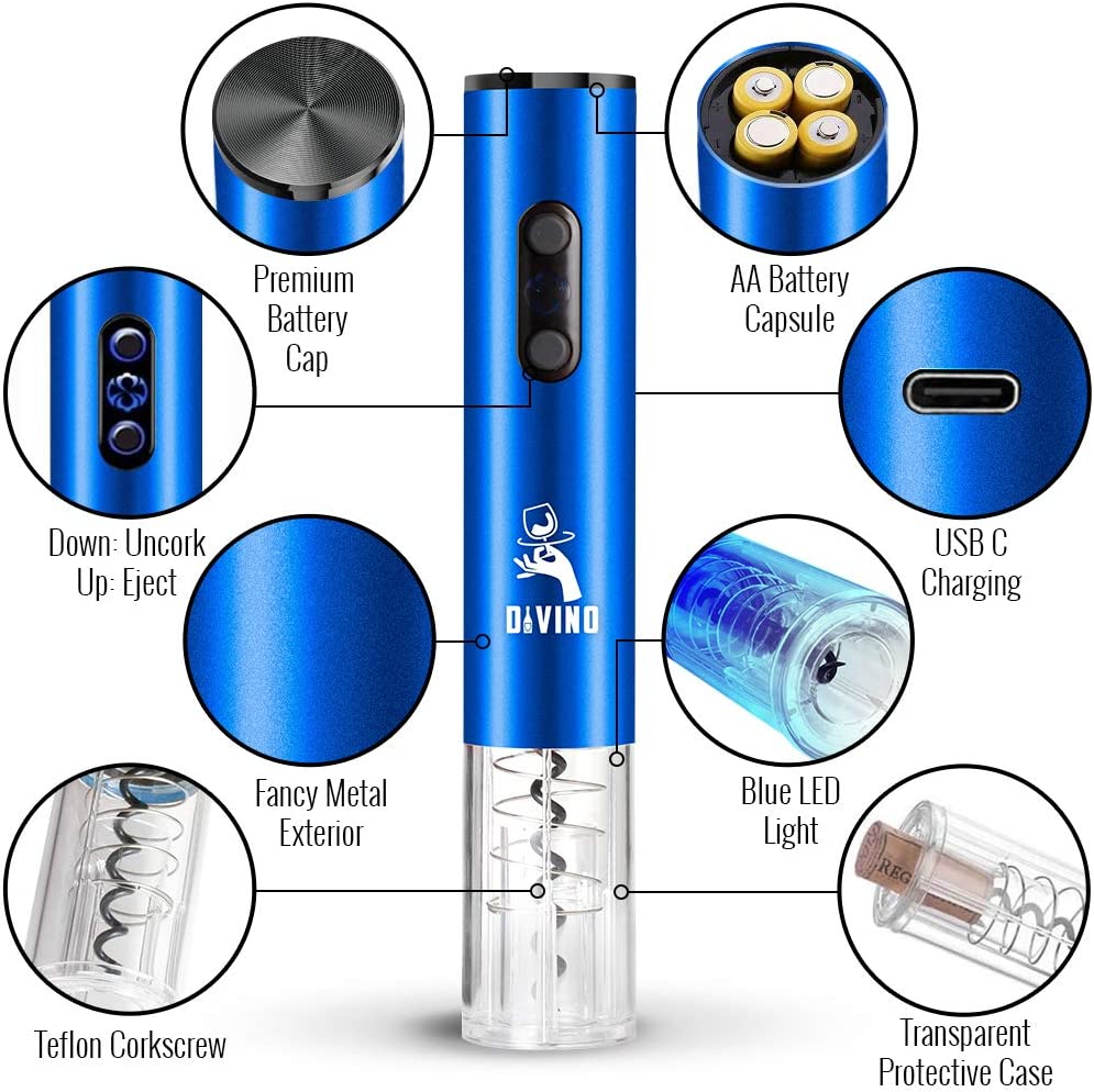 Rechargeable Electric Wine Opener BLUE Kit β Cordless Electric Wine Bottle Opener with Foil Cutter and USB-C cable