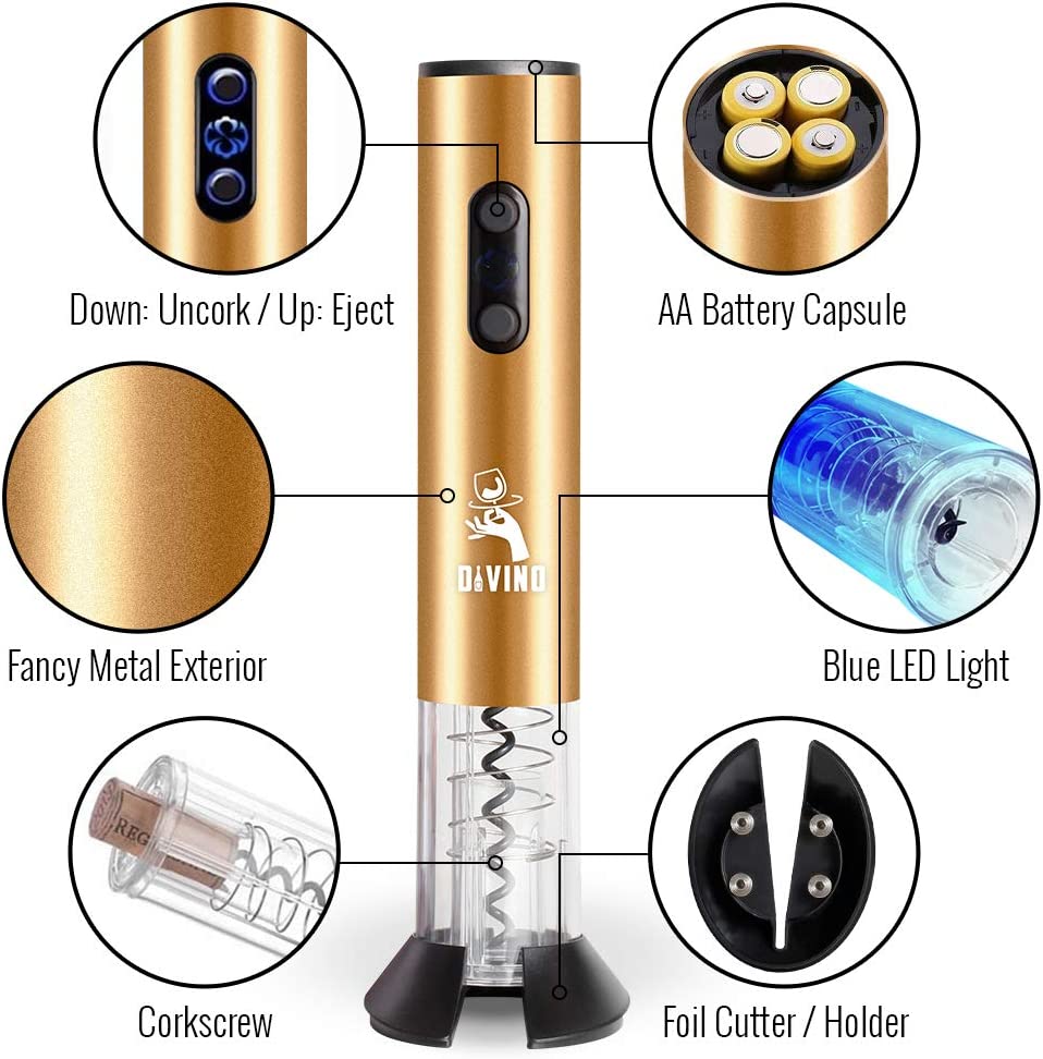 Powerful Electric Wine Opener GOLD Set β Automatic β Battery Operated with Foil Cutter, Vacuum Stopper & Aerator
