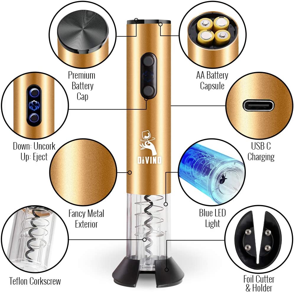 Rechargeable USB-C Electric Wine Opener GOLD Set β Automatic with Foil Cutter, Vacuum Stopper & Aerator
