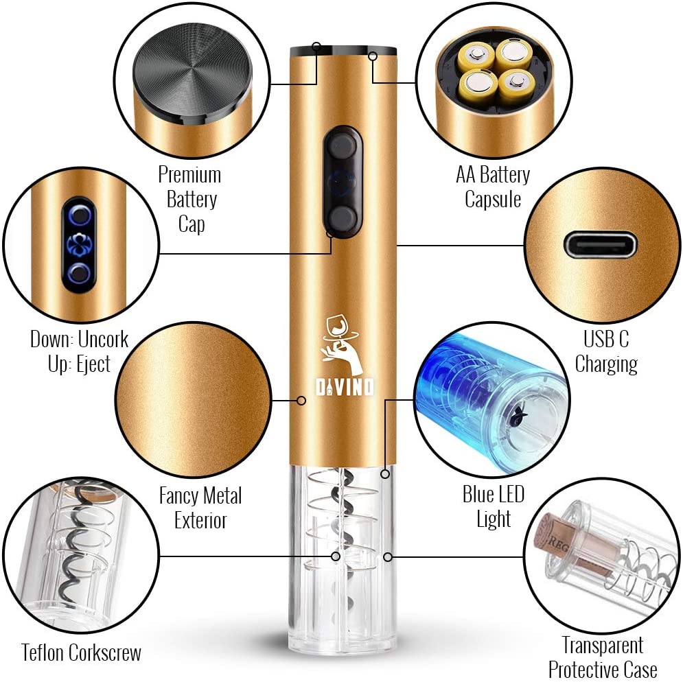 Rechargeable Electric Wine Opener GOLD Kit β Cordless Electric Wine Bottle Opener with Foil Cutter and USB-C cable