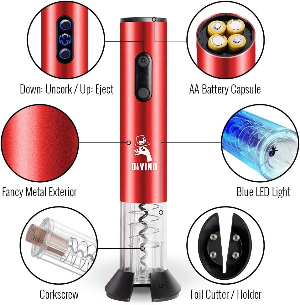 Powerful Electric Wine Opener RED Set β Automatic β Battery Operated with Foil Cutter, Vacuum Stopper & Aerator