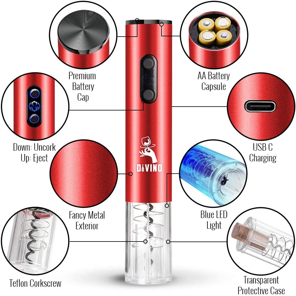 Rechargeable Electric Wine Opener RED Kit β Cordless Electric Wine Bottle Opener with Foil Cutter and USB-C cable