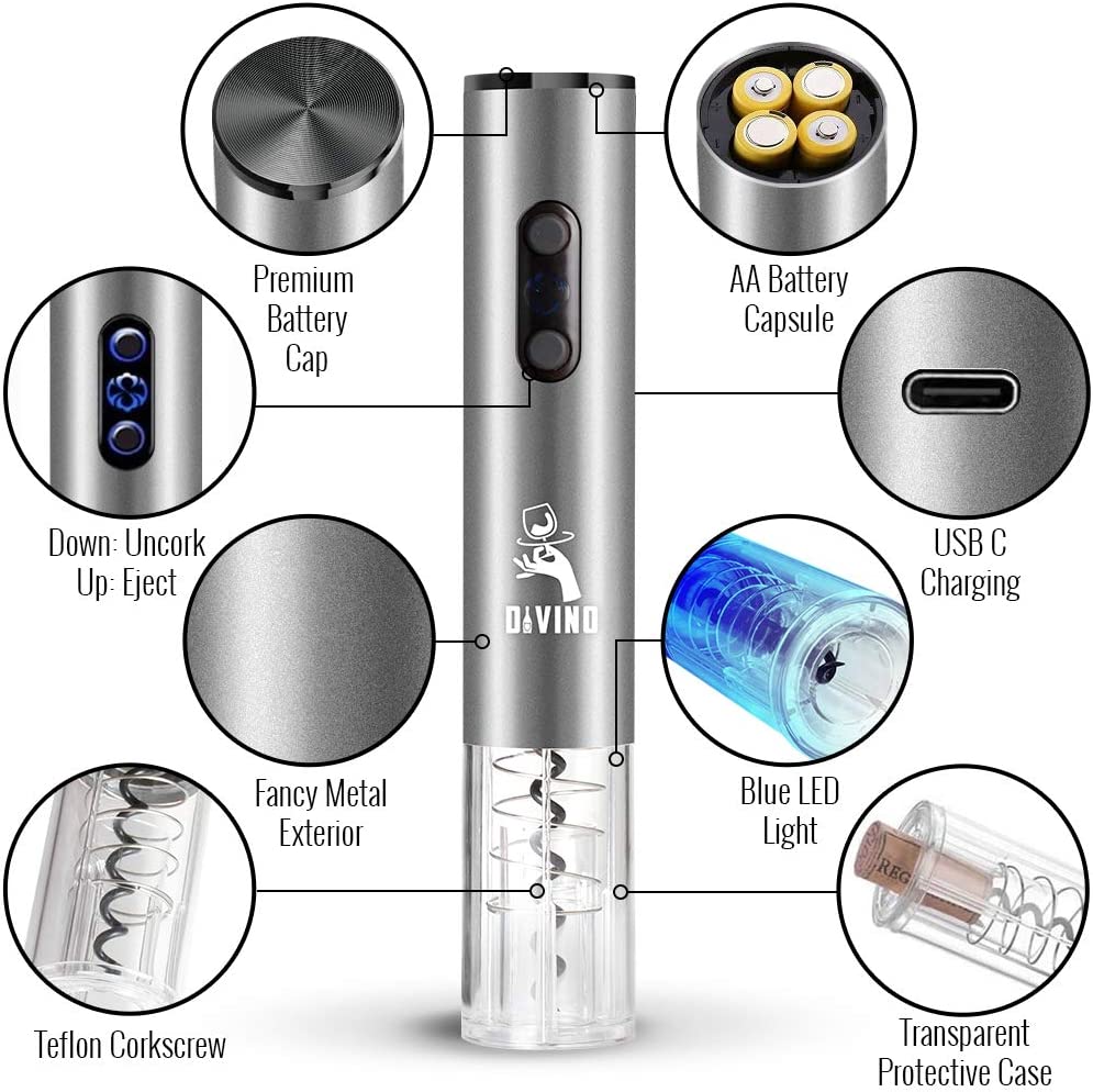 Rechargeable Electric Wine Opener SILVER Kit β Cordless Electric Wine Bottle Opener with Foil Cutter and USB-C cable