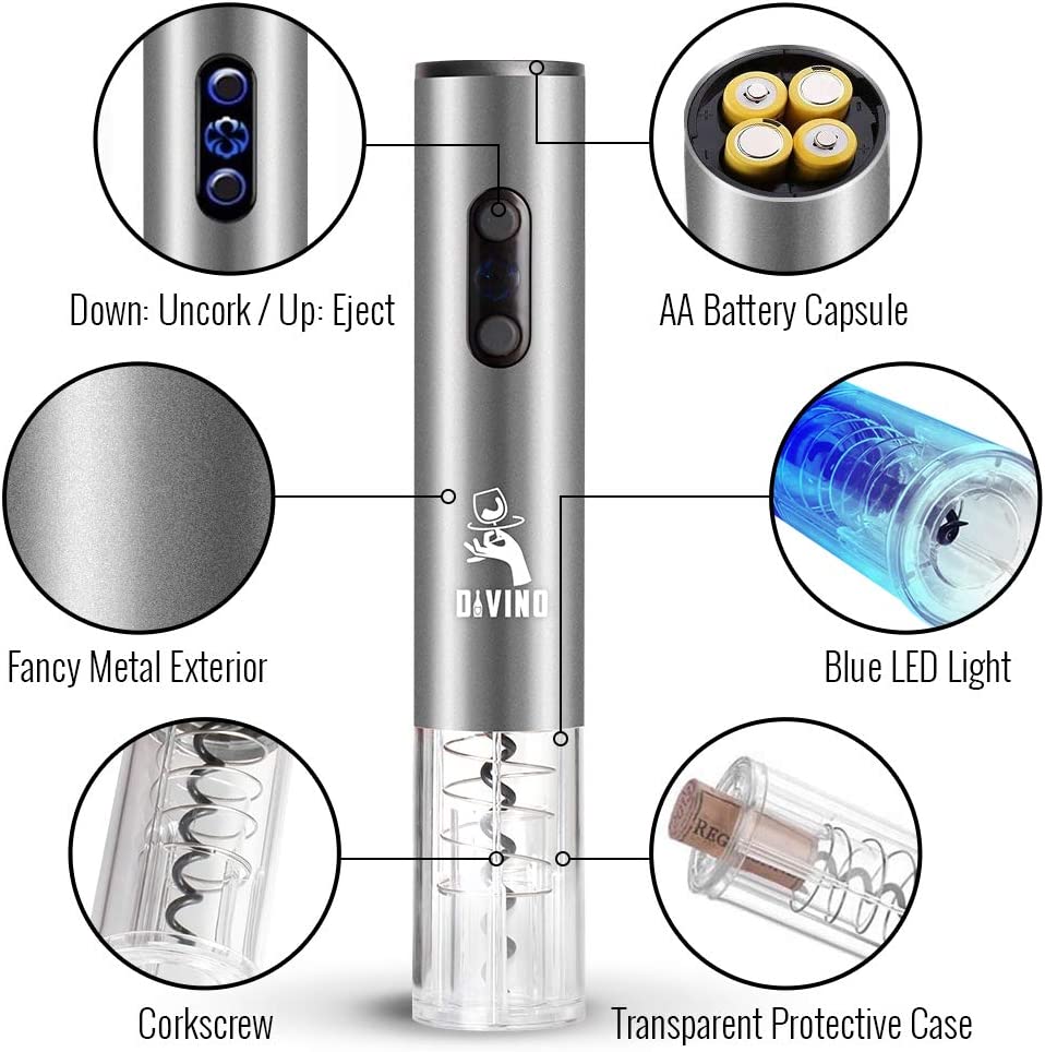 Electric Wine Opener SILVER Kit β Cordless Electric Wine Bottle Opener with Foil Cutter