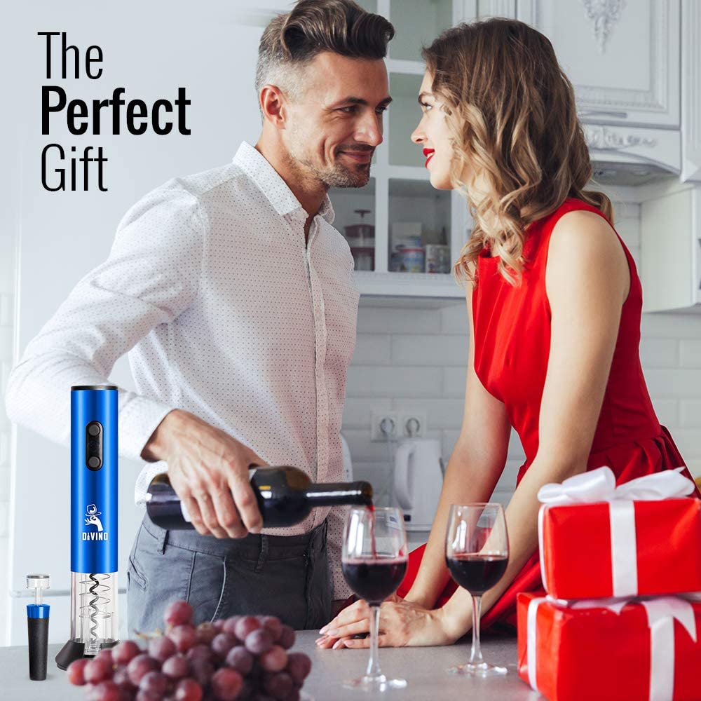 Powerful Electric Wine Opener BLUE Set β Automatic β Battery Operated with Foil Cutter, Vacuum Stopper & Aerator