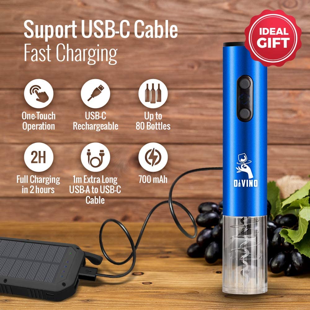 Rechargeable Electric Wine Opener BLUE Kit β Cordless Electric Wine Bottle Opener with Foil Cutter and USB-C cable