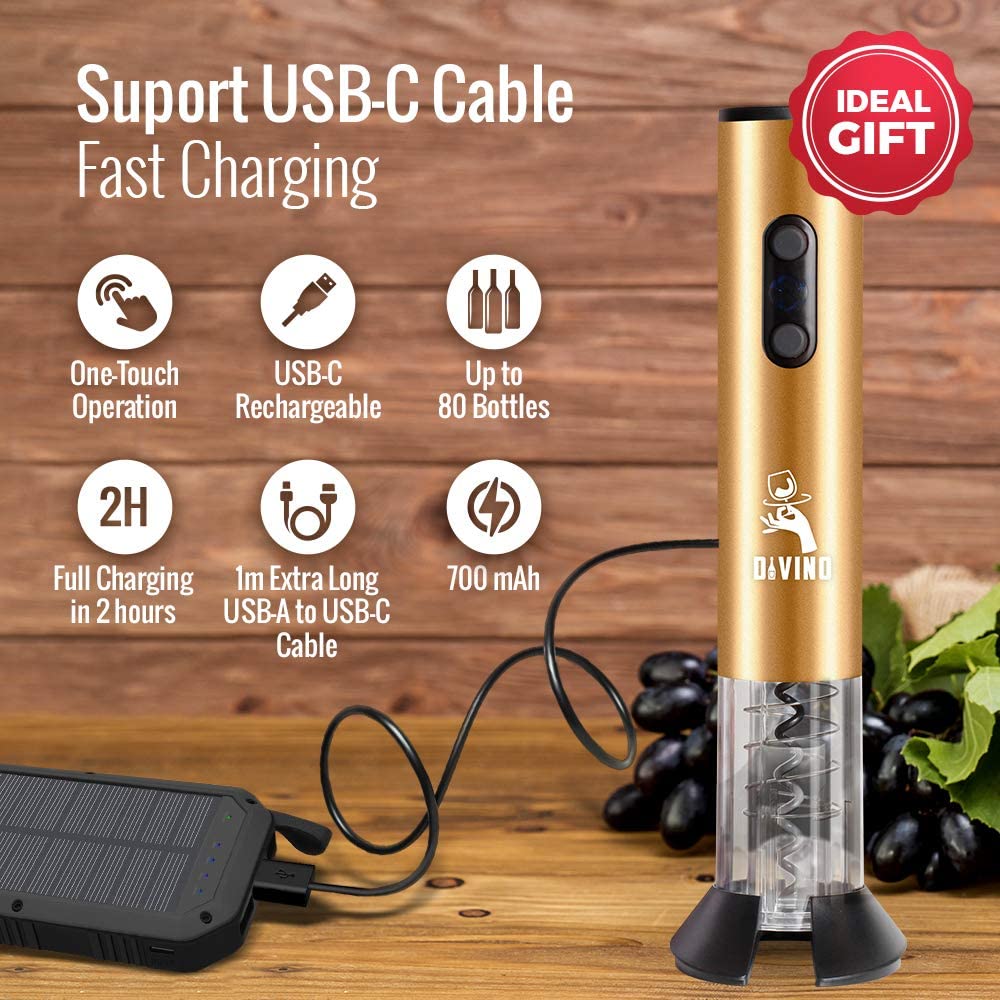 Rechargeable USB-C Electric Wine Opener GOLD Set β Automatic with Foil Cutter, Vacuum Stopper & Aerator