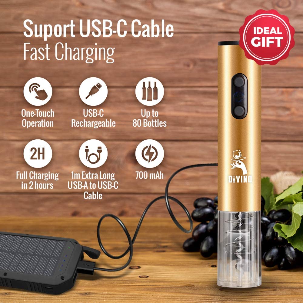Rechargeable Electric Wine Opener GOLD Kit β Cordless Electric Wine Bottle Opener with Foil Cutter and USB-C cable
