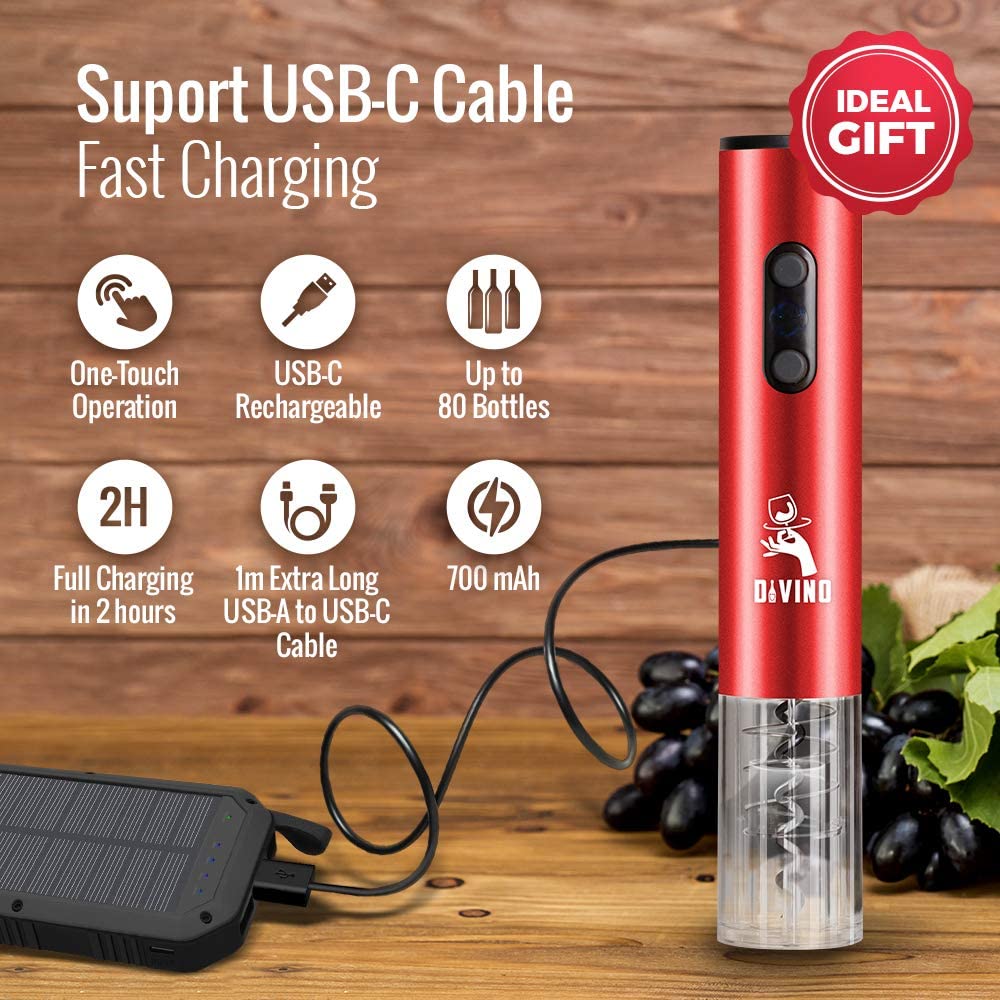 Rechargeable Electric Wine Opener RED Kit β Cordless Electric Wine Bottle Opener with Foil Cutter and USB-C cable