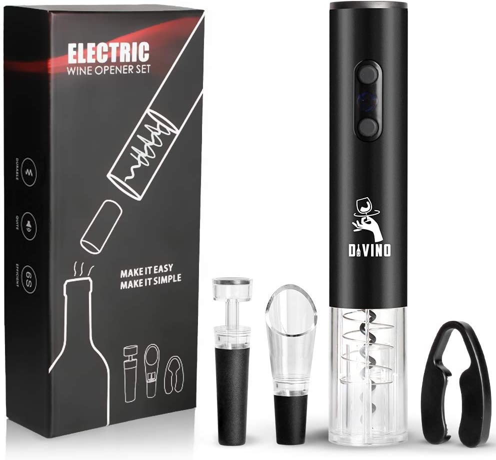 Electric Wine Opener BLACK Set β Automatic β Battery Operated with Foil Cutter, Vacuum Stopper & Aerator