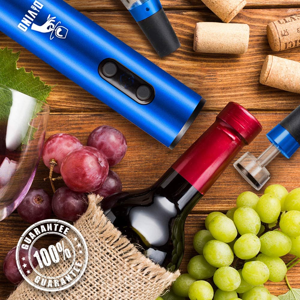 Powerful Electric Wine Opener BLUE Set β Automatic β Battery Operated with Foil Cutter, Vacuum Stopper & Aerator