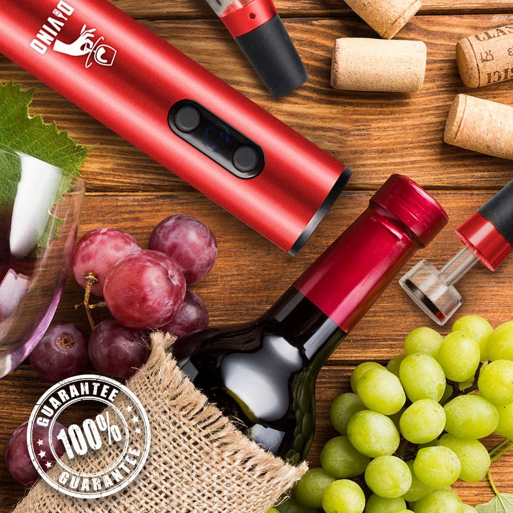 Powerful Electric Wine Opener RED Set β Automatic β Battery Operated with Foil Cutter, Vacuum Stopper & Aerator