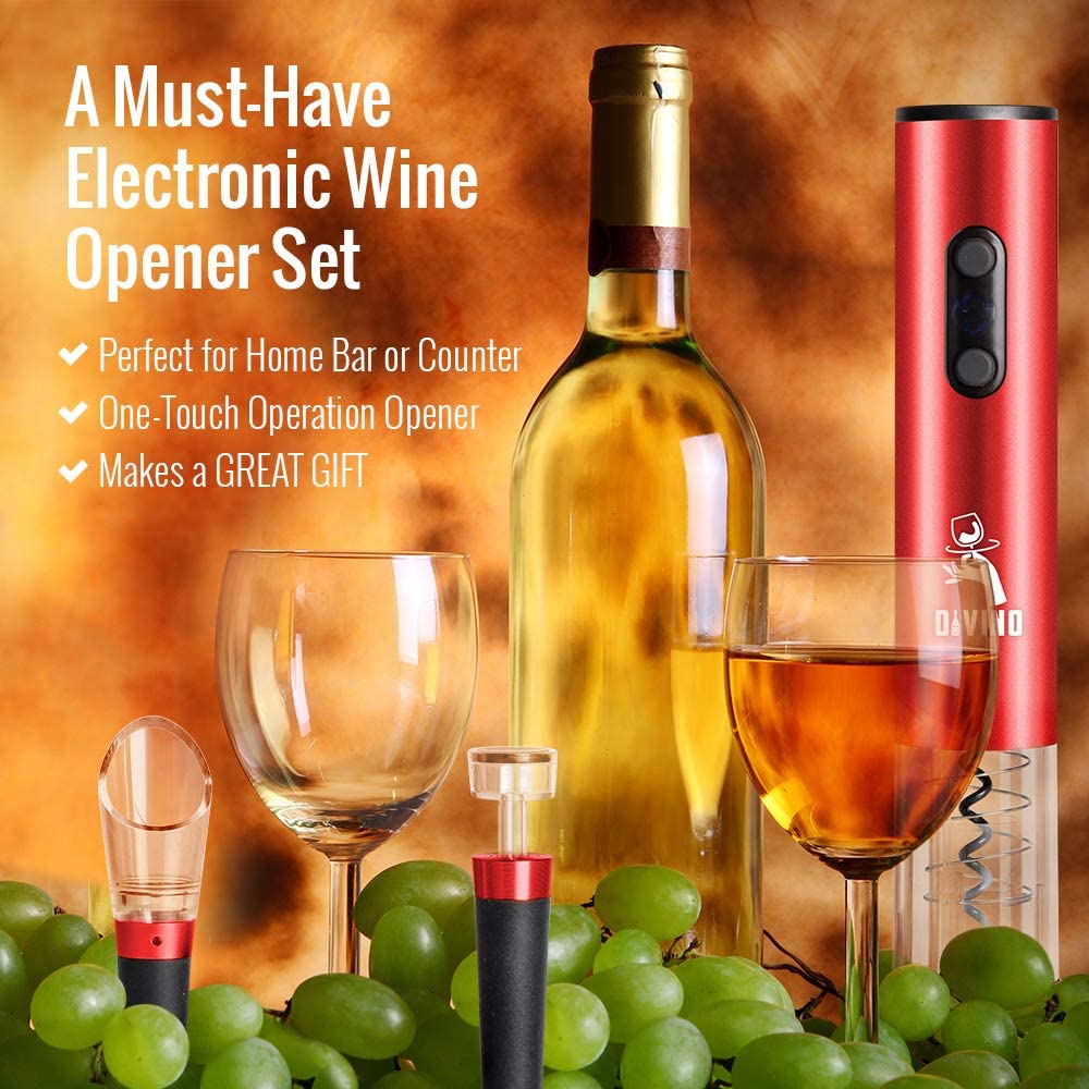 Powerful Electric Wine Opener RED Set β Automatic β Battery Operated with Foil Cutter, Vacuum Stopper & Aerator