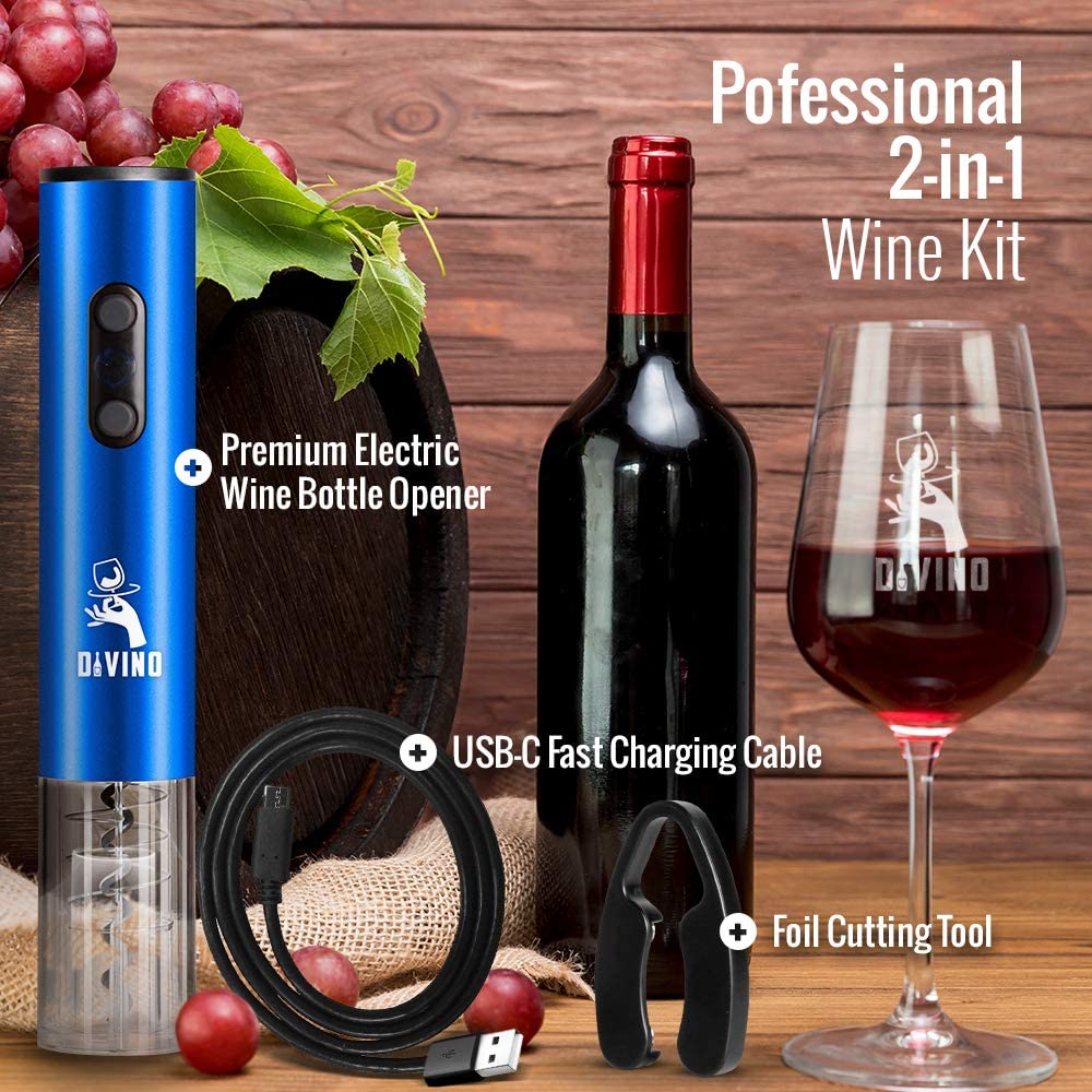 Rechargeable Electric Wine Opener BLUE Kit – Cordless Electric Wine Bottle Opener with Foil Cutter and USB-C cable