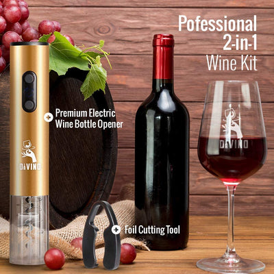 Electric Wine Opener GOLD Kit – Cordless Electric Wine Bottle Opener with Foil Cutter