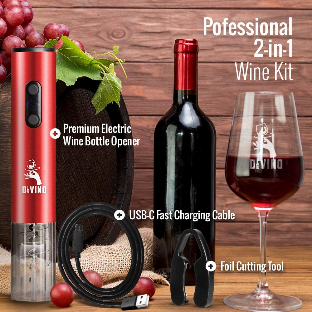 Rechargeable Electric Wine Opener RED Kit – Cordless Electric Wine Bottle Opener with Foil Cutter and USB-C cable