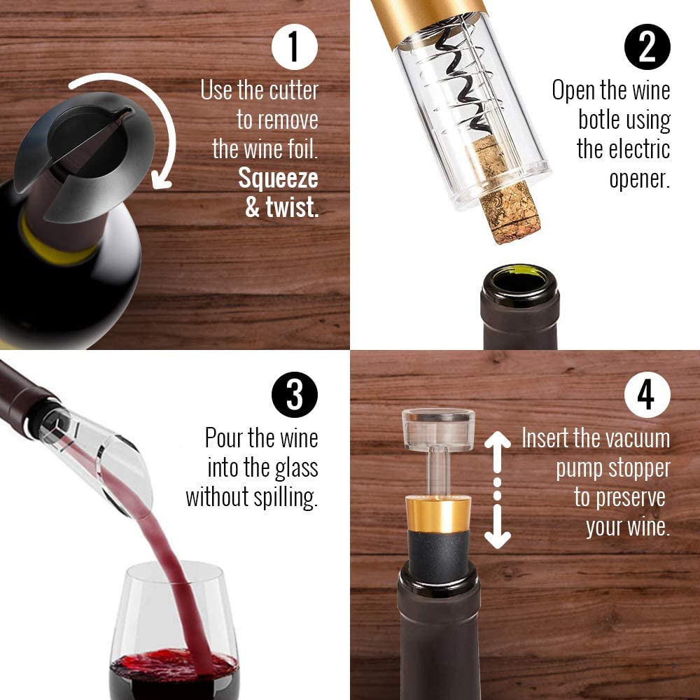Rechargeable USB-C Electric Wine Opener GOLD Set – Automatic with Foil Cutter, Vacuum Stopper & Aerator