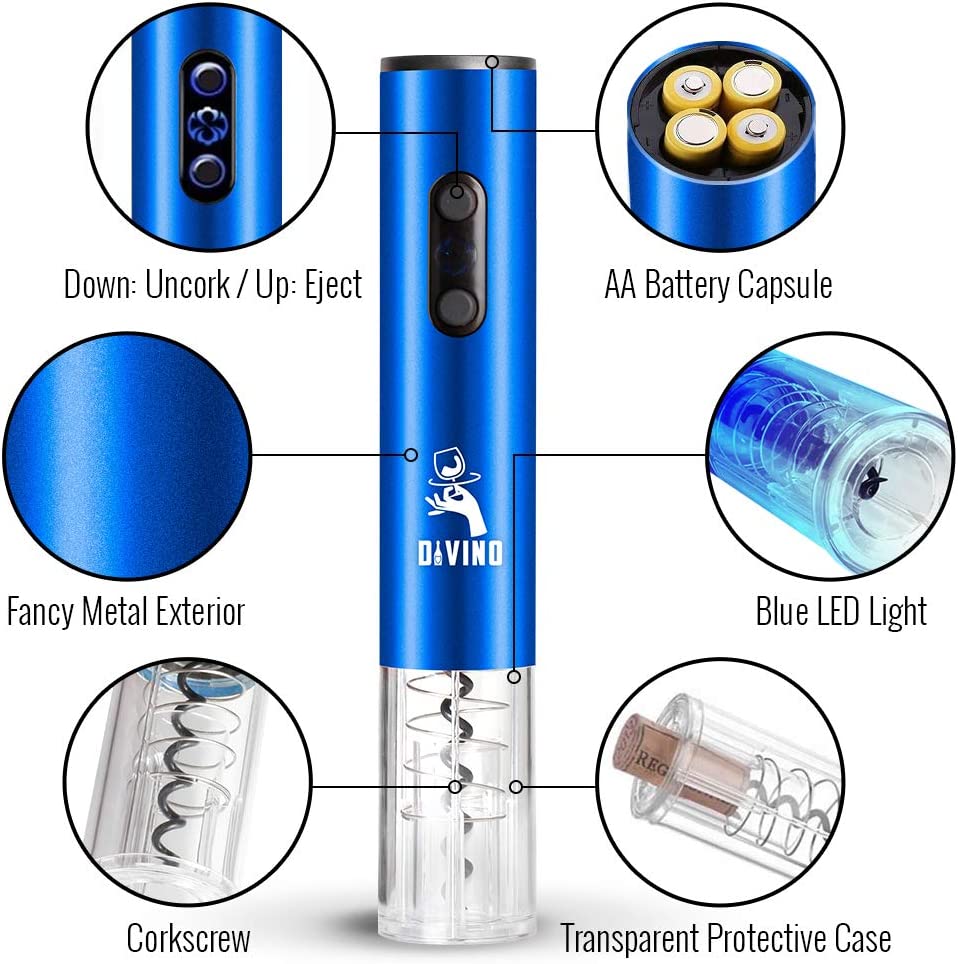 Electric Wine Opener BLUE Kit – Cordless Electric Wine Bottle Opener with Foil Cutter