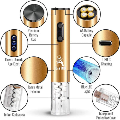 Rechargeable Electric Wine Opener GOLD Kit – Cordless Electric Wine Bottle Opener with Foil Cutter and USB-C cable