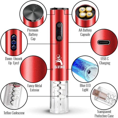 Rechargeable Electric Wine Opener RED Kit – Cordless Electric Wine Bottle Opener with Foil Cutter and USB-C cable
