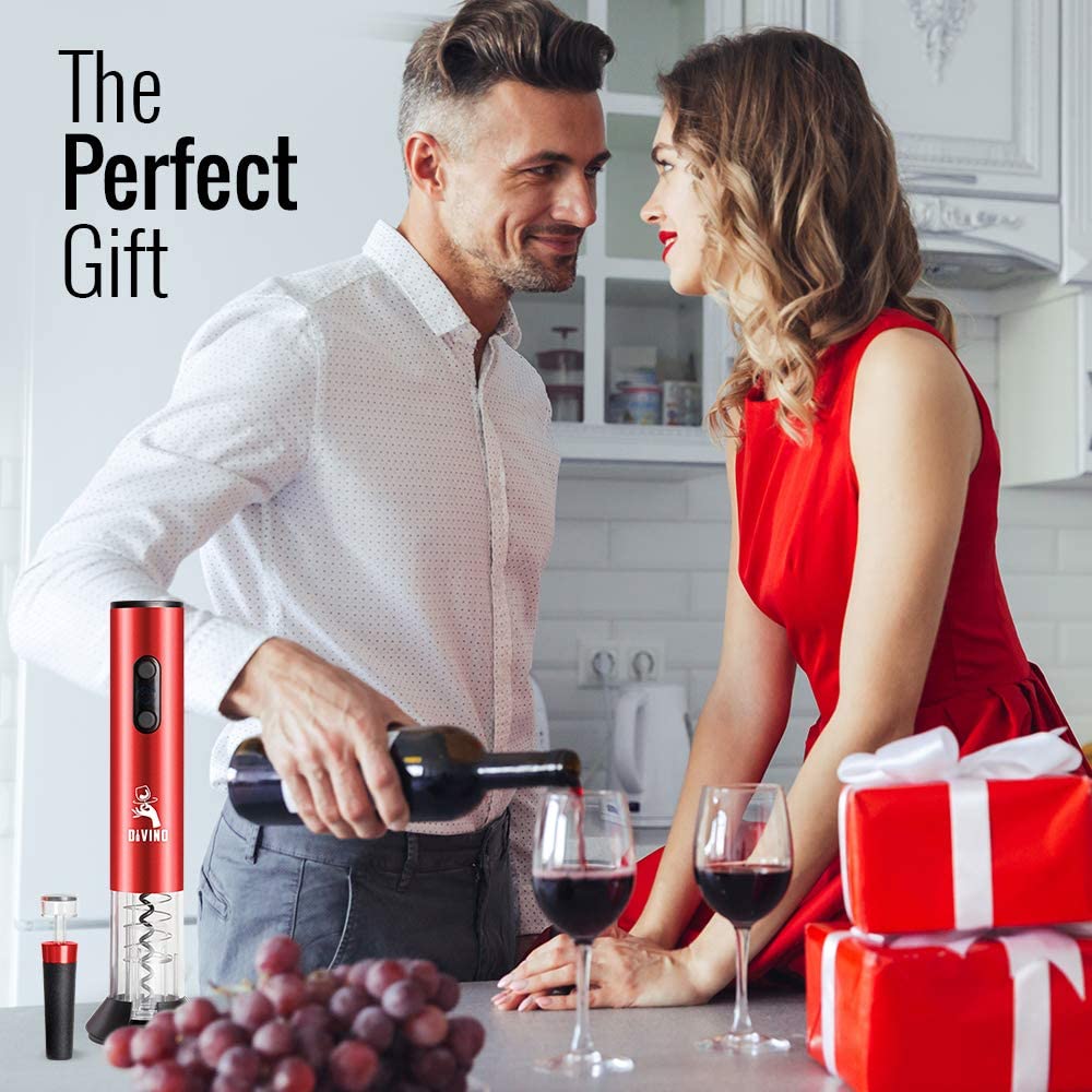 Powerful Electric Wine Opener RED Set – Automatic – Battery Operated with Foil Cutter, Vacuum Stopper & Aerator