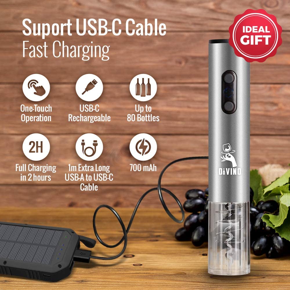 Rechargeable Electric Wine Opener SILVER Kit – Cordless Electric Wine Bottle Opener with Foil Cutter and USB-C cable