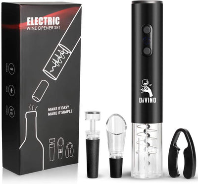 Electric Wine Opener BLACK Set – Automatic – Battery Operated with Foil Cutter, Vacuum Stopper & Aerator