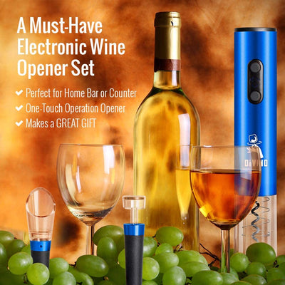 Powerful Electric Wine Opener BLUE Set – Automatic – Battery Operated with Foil Cutter, Vacuum Stopper & Aerator